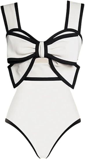 FLAXMAKER Black and White Swimsuit Bow-tie Decor One Piece Bathing Suit, Small