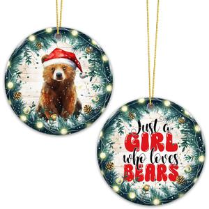 3 x Bear Ornament 2025 Just a Girl Who Loves Bears Cute Animal Ceramic Ornament with Santa Hat Bear Artwork, Holiday Tree Decoration & Gift for Girl Lover Bear