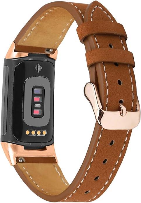 Leather Bands Compatible with Fitbit Charge 6/Charge 5, Replacement Genuine Leather Straps for Women Men