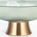 Round Glass Decorative BowlGreen, 9.8 Inches Handblown Striped Design Fruit Bowl with Rust-Resistant Metal Base for Home Decor, Table Centerpiece, Kitchen Island and Dining Decor