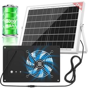 Solar Powered Fan with 15000mAh Battery & Timer, 25W 3500RPM High-Speed Solar Exhaust Fan, Low Noise Waterproof Ventilation for Chicken Coop, Greenhouse, Shed, Pet House & Window