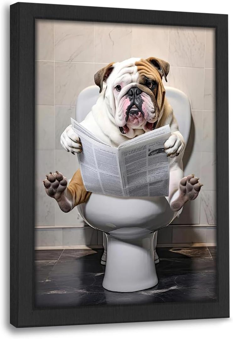 Bulldog Bathroom Wall Decor Funny Bulldog Pictures Canvas Wall Art Print Bulldog Toilet Signs Painting Artwork Dog Bathroom Decoration Bulldog Gifts Framed 16"X24"