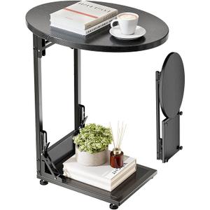 Elbourn Folding Side Table End Couch Tables, C-Shaped End Table for Living Room, Small End Table for Bedroom, Coffee Table (Black)