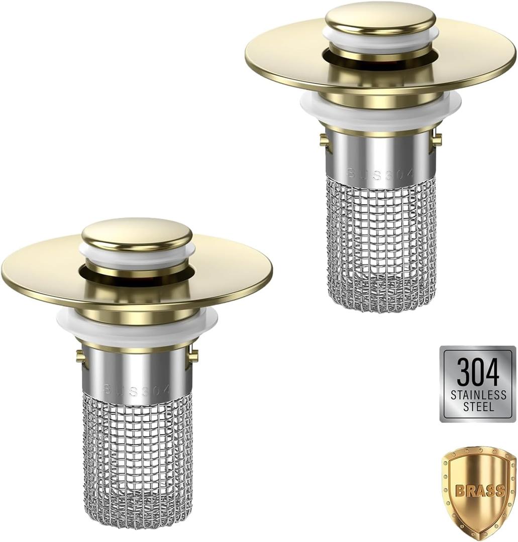 Sink Stopper Hair Catcher(2PCS), Pop-up Sink Drain Strainer with Removable Stainless Steel Strainer Basket Hair Catcher, Bathroom Sink Strainer for Bathroom Sink Stopper Replacement(Brushed Gold-2PCS)