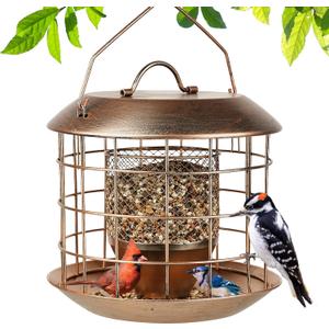 Metal Caged Bird Feeder, Squirrel Proof Bird Feeders for Outdoors Hanging, Wild Bird Feeder for Little Sparrows, Squirrel Chew-Proof Birdfeeder for Outside Backyard Birding Watching Gifts - Bronze