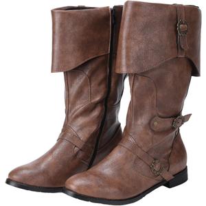 Mens Medieval Pirate Boots, Viking Renaissance Costume Footwear, Gothic Steampunk Cosplay Shoes, Retro Brown Tall Boots for Halloween Party Festival, Size 46
