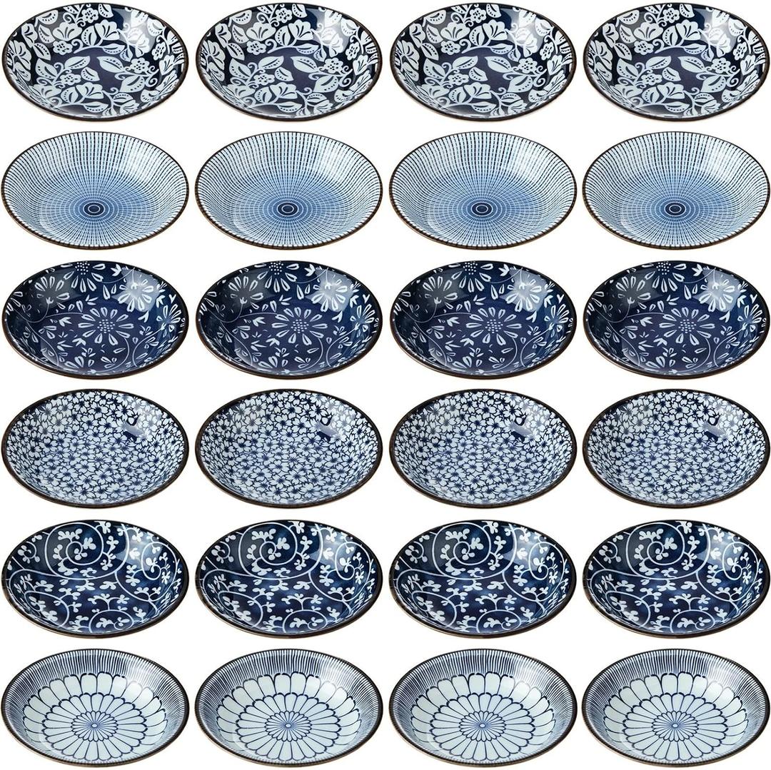 Ramede 24 Pcs Japanese Soy Sauce Dish 3.5 OZ Small Ceramic Dipping Bowls Bulk Mini Side Dishes Vintage Blue Seasoning Porcelain Pinch Bowl Set for Sushi Dip Snack Condiment Appetizer Ketchup BBQ Party