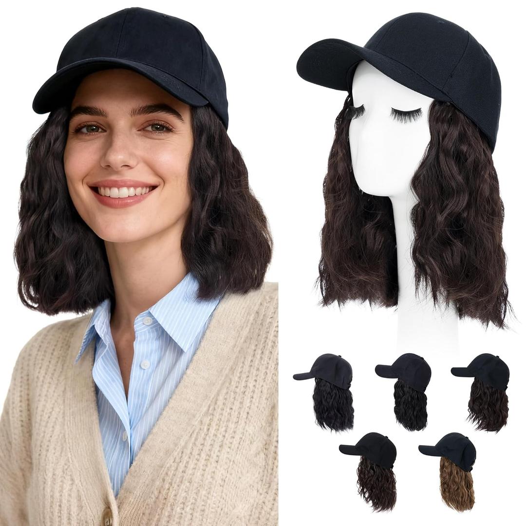 S-noilite Hat Wig for Women, Baseball Cap Wig with BOB Hair Attached Adjustable Hat Wigs Short Wave Synthetic Hair Extensions Chocolate Brown (8 Inch)