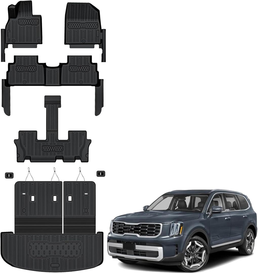 Auxko All Weather Floor Mats Cargo Mat with Backrest Mat for Kia Telluride 7&8 Seats 2020-2025 TPE Liners Accessories Guard Odorless Anti-Slip Floor Liners & Trunk Liner with Back Seat Protectors