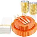 Nervure 175PCS Orange Plastic Plates - Orange and Gold Disposable Plates for 25 Guests Include 50Plates, 25Cups, 25Forks, 25Knives, 25Spoons, 25Napkins for Wedding & Party