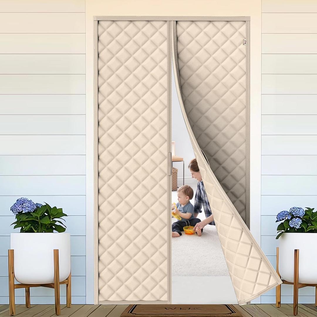 Yotache Magnetic Thermal Insulated Door Curtain Fits 48 x 80 inch Doors, Curtain Size 50" x 82" Weatherproof Oxford & Cotton Fill Door Covers to Keep Warm in Winter, Beige