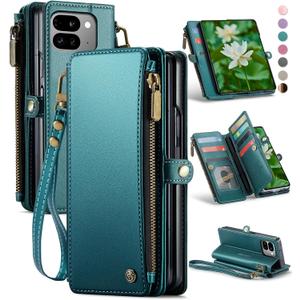 Defencase Compatible with Pixel 9 Pro Fold Case Wallet with RFID Blocking Card Holder & Pen Holder PU Leather Magnetic Snap Flip Zipper Strap Phone Case Fit for Google Pixel 9 Pro Fold, Blue Green
