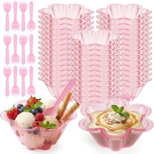 Patelai 50 Pack 8 oz Pink Desset Cups with Spoons Disposable Ice Cream Sundae Bowls Flower Shape Clear Plastic Small Party Serving Cups for Ice Parfait Strawberry Yogurt