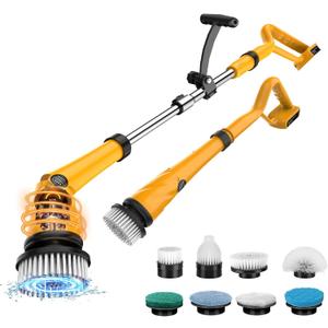 1500 RPM Electric Spin Scrubber for DeWalt 20V Battery, Power Shower Scrubber for Bathroom/Floor/Bathtub/Toilet/Tile,Electric Cleaning Brush with Long Handle & 8 Replaceable Brush (Yellow)