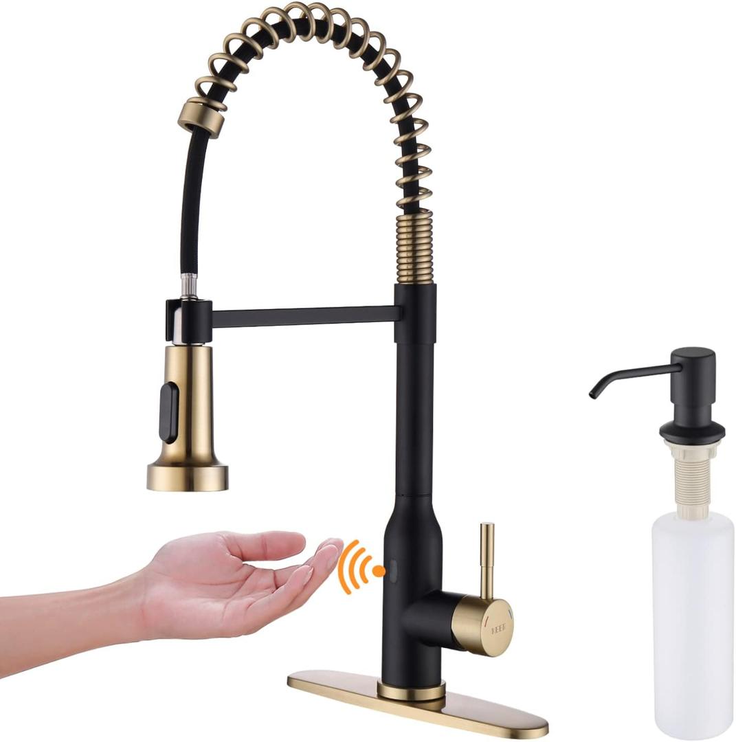 Touchless Kitchen Faucet KEER Smart Motion Sensor Hands Free Single Handle Spring Kitchen Sink Faucet with Pull Down Sprayer,Matte Black Gold