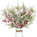 Pack of 4 Artificial Frosted Pine Branches with Red Berries 17" Snowy Christmas Tree Picks Winter Greenery Sprays White Fake Cedar Holly Berry Stems for Vase Fillers Craft Wreath Holiday Dcor (Red)