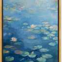 Lilypads In Blues Framed Impressionism 1 Piece Canvas Wall Art/Monet And Van Gogh Inspired Art, 17.5" x 25.5", Gold Frame (25.5L" x 17.5W")