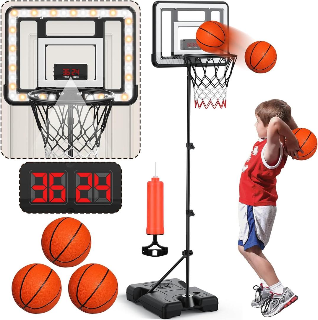 Kids Indoor Basketball Hoop with Scoreboard & Timer,Toddler Adjustable Height Basketball Goal Toy for Outdoor Backyard,Sports Game Play