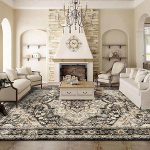 Washable Oriental Area Rug - 9x12 Rugs for Living Room Soft Carpet for Bedroom Waterproof Floral Distressed Indoor Stain Resistant Non-Shedding Floor Carpets (Black/Grey, 9x12)