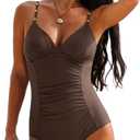 Aleumdr Women One Piece Swimsuit Tummy Control V Neck Ruched Bathing Suit Push Up Gold Metal Modest Slimming Swimwear, Size: S