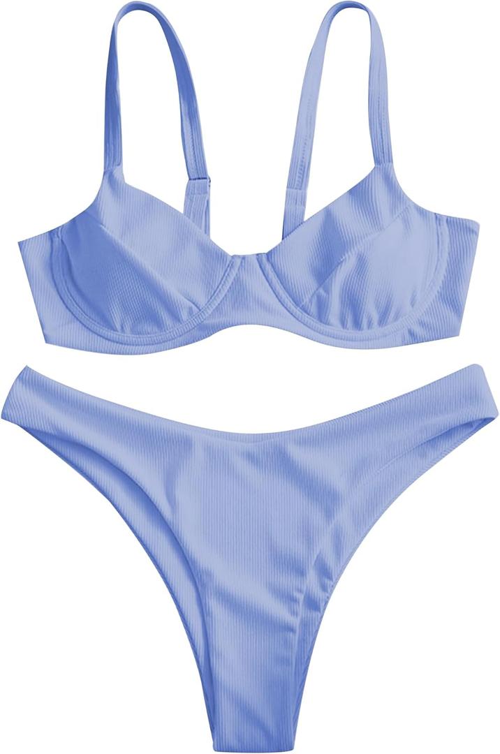 ZAFUL Underwire High Leg Ribbed Bikini Swimsuit Two Pieces Set, S, Lavender ZAFUL Underwire High Leg Ribbed Bikini Swimsuit Two Pieces Set, S, Lavender