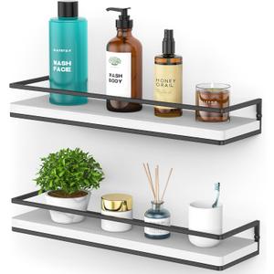 Meangood Floating Shelves Wall Mounted Set of 2, Rustic Wood Wall Storage Shelves for Bedroom,Living Room,Bathroom, Kitchen (White)