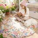 Wonnitar Washable 4ft Round Area Rug, Camellia Floral Living Room Rugs for Bedroom Girls, Low Pile Soft Flower Throw Carpet for Kids Nursery Room (Beige,4ft Round)