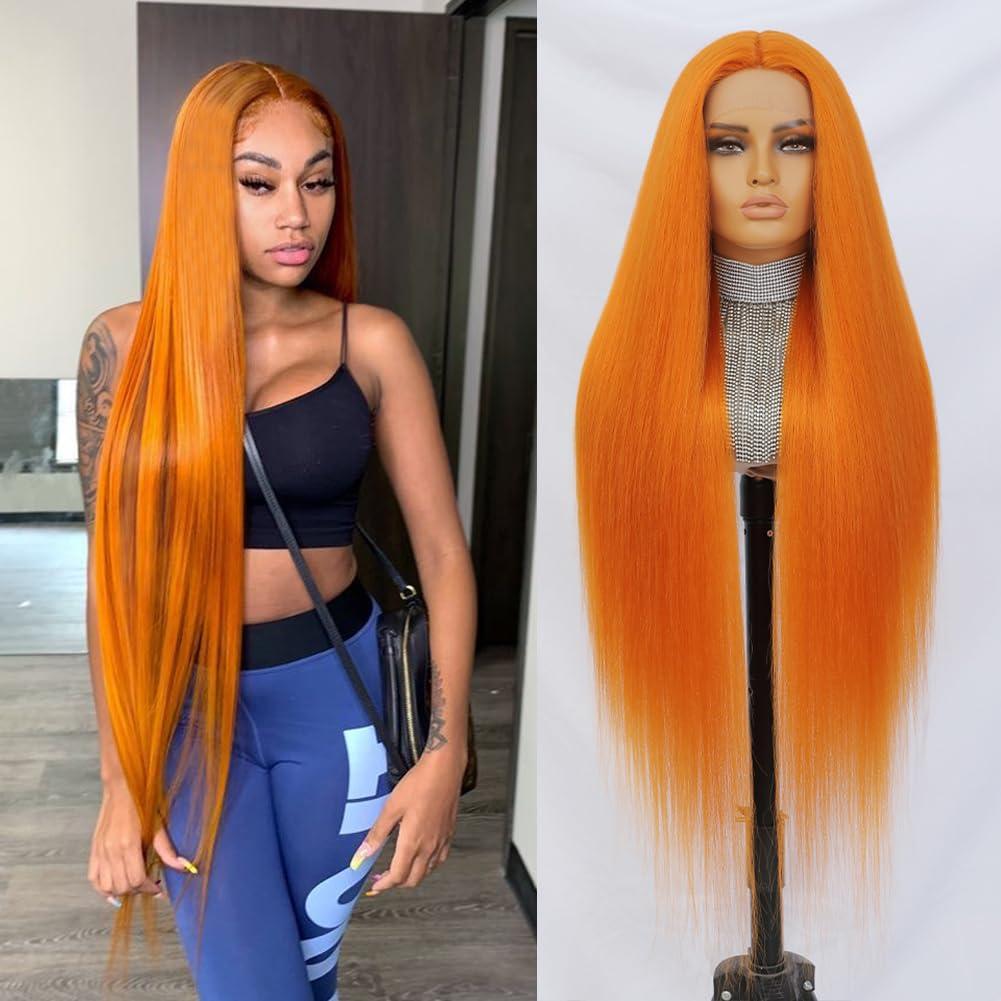 Felek Super Long Ginger Orange T Part Lace Wigs Synthetic 40 Inch Straight 13x4x1 T Lace Front Wigs Heat Resistant Fiber Glueless Pre-Plucked Natural Hairline Lace Wig For Fashion Women/Girls(Ginger)