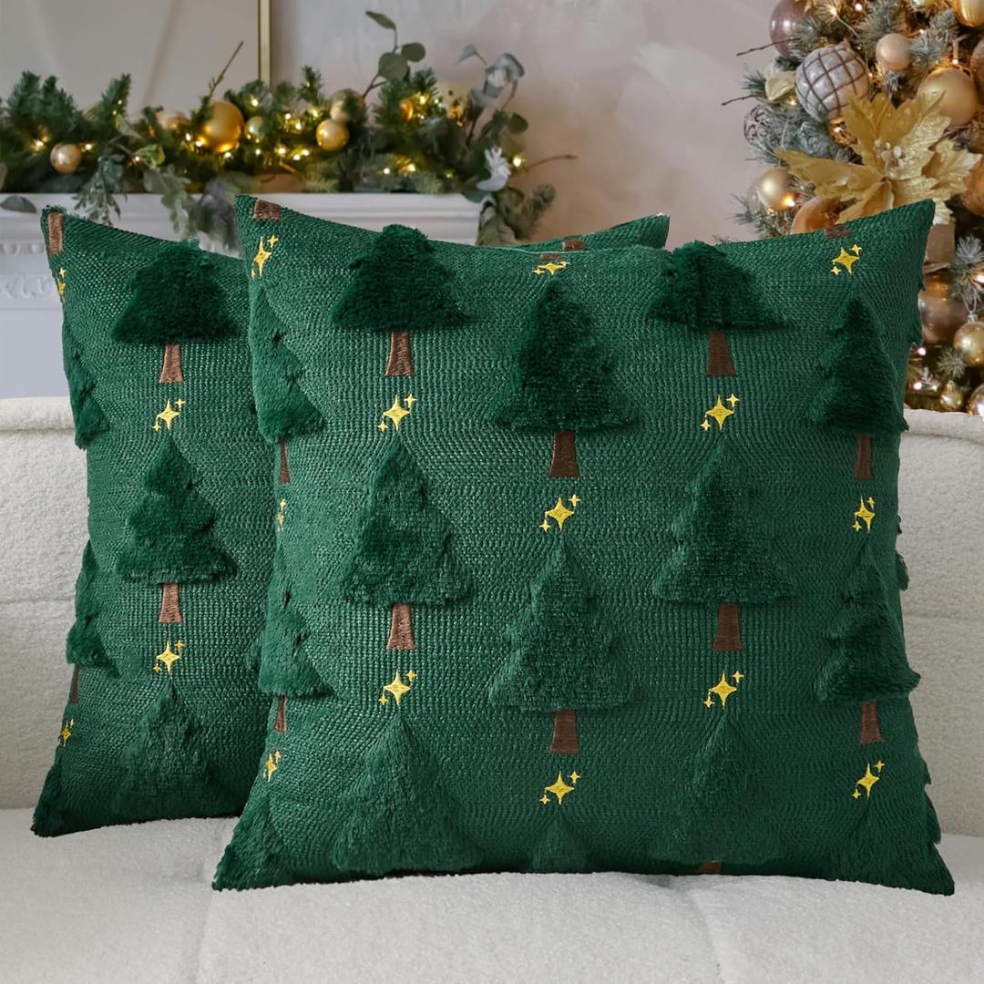 Kevin Textile Christmas Tree Pillow Covers 20x20 Inch Set of 2 Twinkle Golden Star Embroidery Soft Plush Faux Fur Throw Pillowcases for Couch Sofa Holiday Festivals Winter Xmas Gift, Dark Green