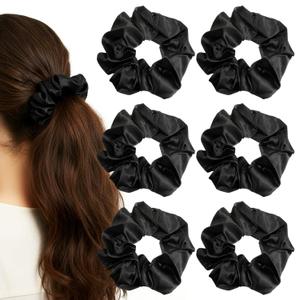 6 Pack Large Silk Satin Scrunchies, Extra Large Scrunchies Big Glossy Scrunchie Oversized Scrunchy Elastic Hair Ties Jumbo Cute Scrunchy for Thick Curly Hair(Black)