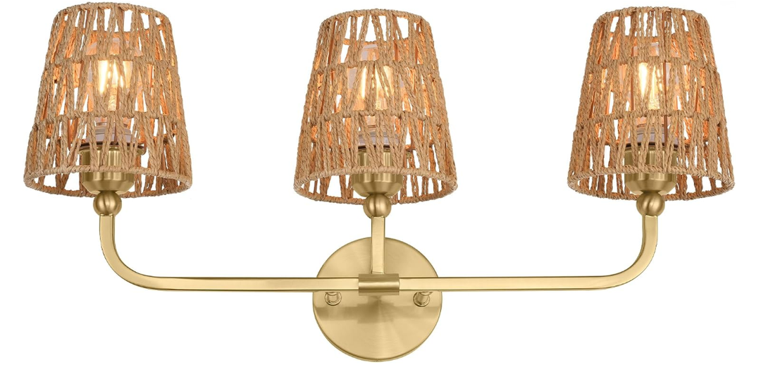3-Light Brushed Gold Bathroom Vanity Light, Handwoven Rattan Shades | Ideal for 28-38" mirrors, 24.5" bathroom light fixtures over mirror, upward only, E26 base, bulbs not included, VL837-BG-RA-3