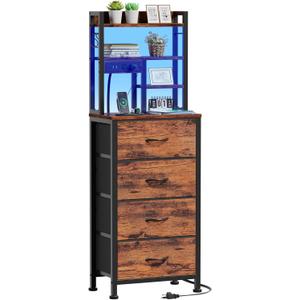 Furnulem Tall Night Stand, LED Nightstand with Charging Station and USB Ports, 4 Fabric Drawers and 4 Tier Storage Shelf, Bedside Table for Bedroom, Home, Dorm, Office (Rustic Brown)