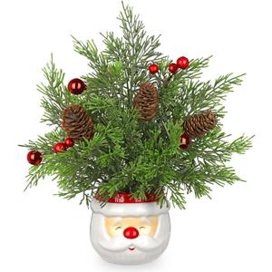 Hollyone Small Christmas Tree Cedar 10" Tabletop Snowman Potted Plants with Vase Artificial Mini Xmas Tree Decorations Plant with Christmas Ball Ornaments Berries Pine Cones Slim Tree Party Home Decor