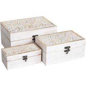 MODE HOME 3 Piece Tree of Life Carved Wooden Keepsake Boxes with Lids, Decorative Storage Boxes for Home decor, Trinket Box for Jewelry and Memorabilia (Whitewashed)