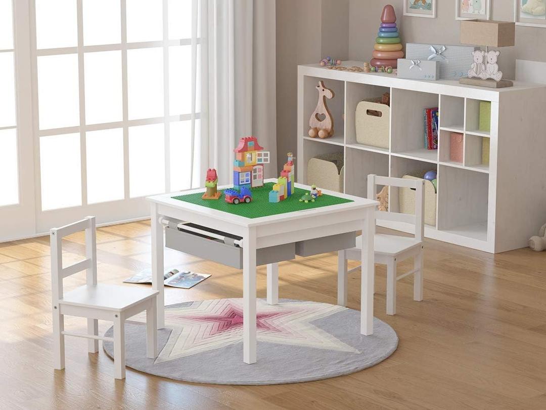 UTEX Wooden 2 in 1 Kids Construction Activity Table and 2 Chairs Set with Storage Drawers, and Built in Plate Compatible with Lego and Duplo Bricks (White with Grey Drawers), Onesize