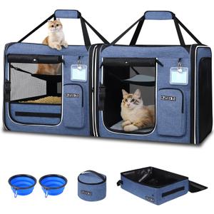 Petskd 2 in 1 Double Cat Car Travel Carrier with Litter Box, 38"x17"x18" Portable Dual Extra Large Cat Carrier for Multiple Cats with Zipper Locks for Moving Across The Country