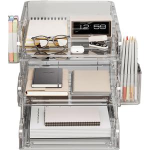 Clear Acrylic Desk Organizer, Multi-Tier Letter Tray with Pen Holder, Office Storage for Documents and Supplies, Clear 
