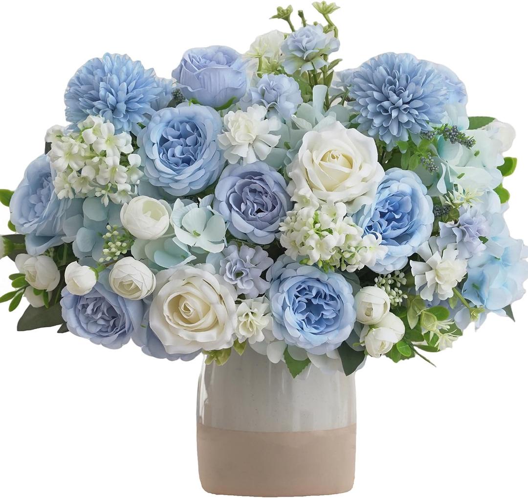 8 Pcs Mixed Artificial Peony Flowers Set-4 Bouquets & 4 Stems, Blue Fake Peony Rose Hydrangea Flowers for Vase Silk Floral Arrangements for Table Centerpiece Wedding Party Bridal Decoration Home Decor