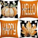 Artscope Fall Decorative Throw Pillow Covers 16x16 Inch Set of 4, Hello Happy Autumn Pumpkin Maple Leaves Harvest Outdoor Farmhouse Pillow Cases for Home Sofa Couch-Orange E