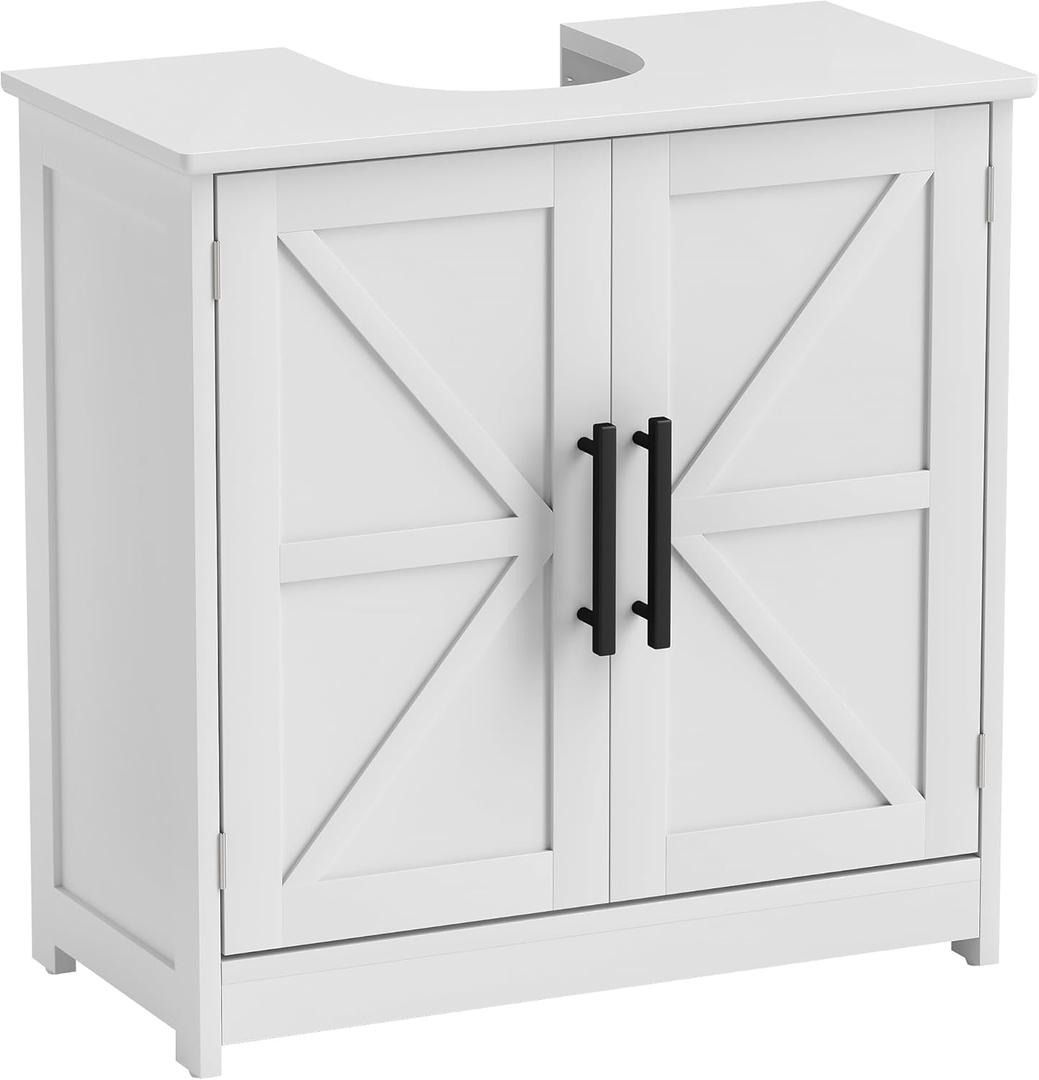 HOMCOM Pedestal Sink Storage Cabinet, Farmhouse Freestanding Bathroom Sink Cabinet with 2 Barn Doors and Adjustable Shelf, White, Size: 23.6" L x 11.8" W x 23.6" H