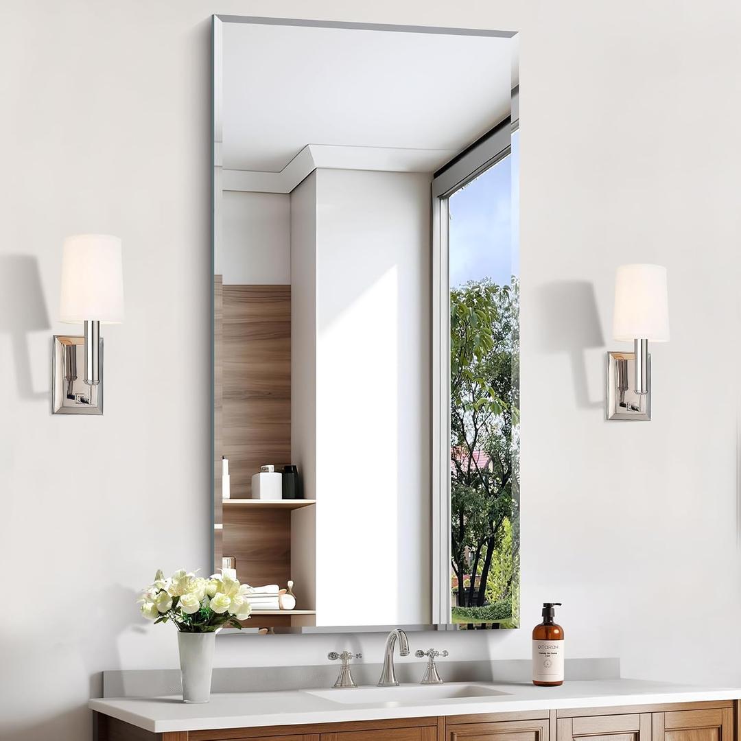 KOCUUY Beveled Mirror, 24x48 Inch Frameless Bathroom Mirror for Over Sink, Upgraded Shatterproof Beveled Unframed Design Mirror for Bathroom, Bedroom, Hang Horizontal/Vertical