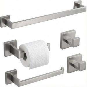 5 Piece Bathroom Hardware Set Brushed Nickel, SUS304 Stainless Steel Towel Bar Set, Modern Square Accessories with 16 Inch Rack Toilet Paper Holder Robe Hooks (Brushed Nickel)