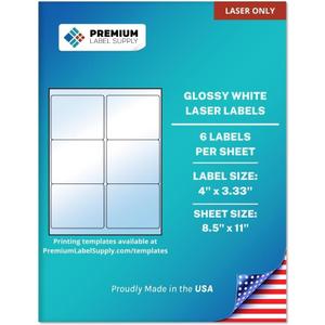 Premium Label Supply Glossy White Sticker Labels  4" x 3.33"  (6 per Sheet) (Glossy White for Laser Only, 150 Labels)