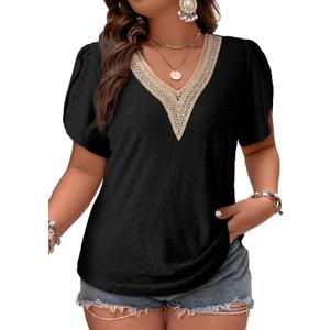 Eytino Womens Plus Size Tops Lace V Neck Petal Short Sleeve Blouse Eyelet Hollow Dressy Casual T Shirts(1X-5X) (2X, Black)