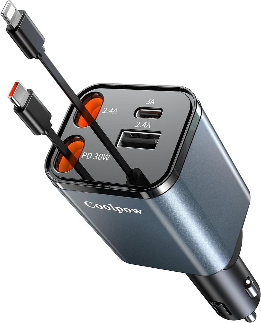 Coolpow Retractable Car Charger Adapter4 in 1 Fast ChargingRetractable Car Charger USB C Car Phone Charger USB C Cigarette Lighter Charger Adapter Car Charging Block Cube for iPhone 17 Pro Max 16 15 (Gray)
