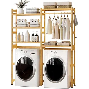 COZIVOLIFE Over the Washer and Dryer Storage Shelf Bamboo,5 Tiers Laundry Room Drying Rack with Adjustable Shelves and 4 Hooks,Space Saver Organizer for Hanging Clothes and Towels (Natural)