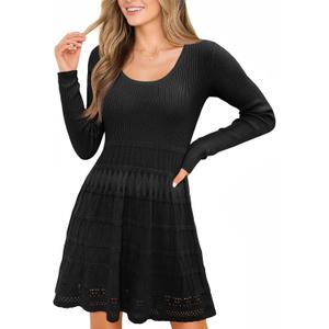 Wenrine Womens Long Sleeve Sweater Dress Knit Crochet Casual A Line Flowy Skater Mini Dresses (Medium)