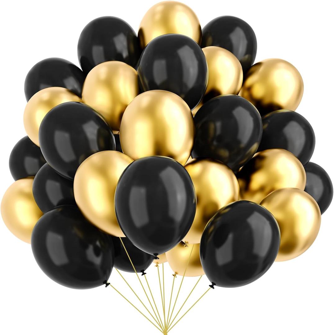 YMSZ Black and Gold Balloons, 67pcs 12 Inch Metallic Gold and Black Balloons for Birthday, Retirement, Graduation, New Year's Eve Party Decorations
