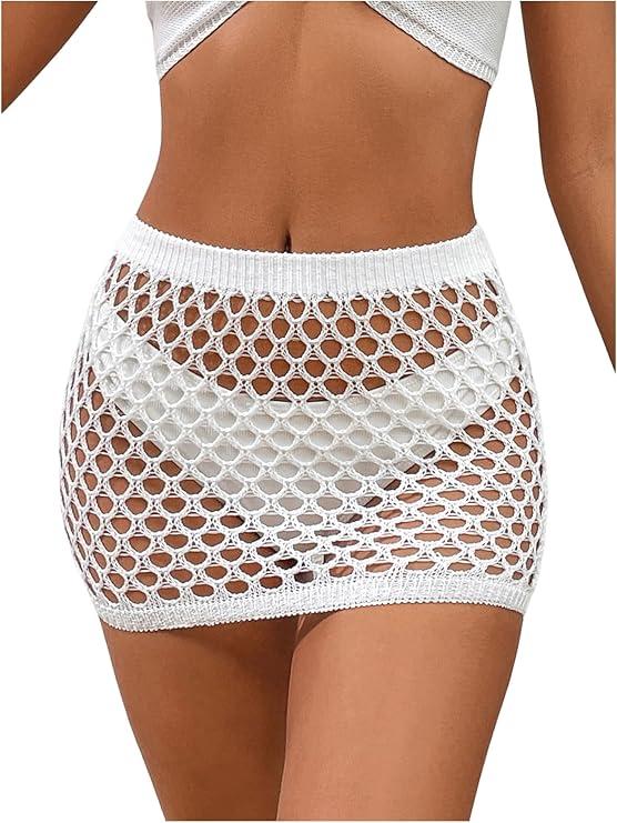 SHENHE Women's Summer Swim Cover Up Skirt Crochet Hollow Out Bikini Bathing Suit Cover Up Beach Skirt, Size S