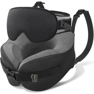YFONG Travel Pillow for Long Flight Airplane, Head Strap Combo with 3D Contoured Sleep Eye Mask, Neck Pillow for Travel Essential, 360 Support Memory Foam Headrest, Prevent Bobbing, Drawstrap - Black